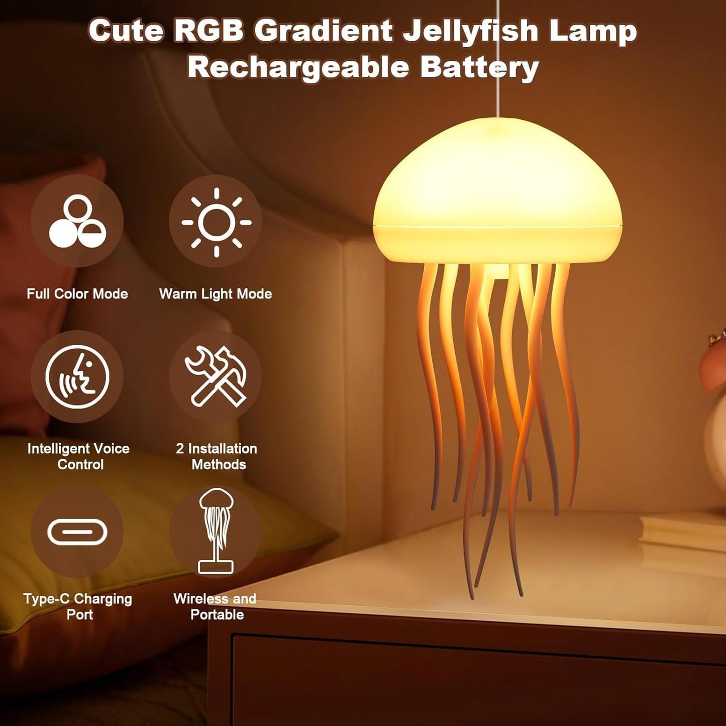 Night Light Jellyfish Lamp with Dancing Legs, RGB Gradient Bedside Lamp with Voice Control, Rechargeable Table Light with Touch Sensor for Kids Bedroom, Living Room (Jellyfish)
