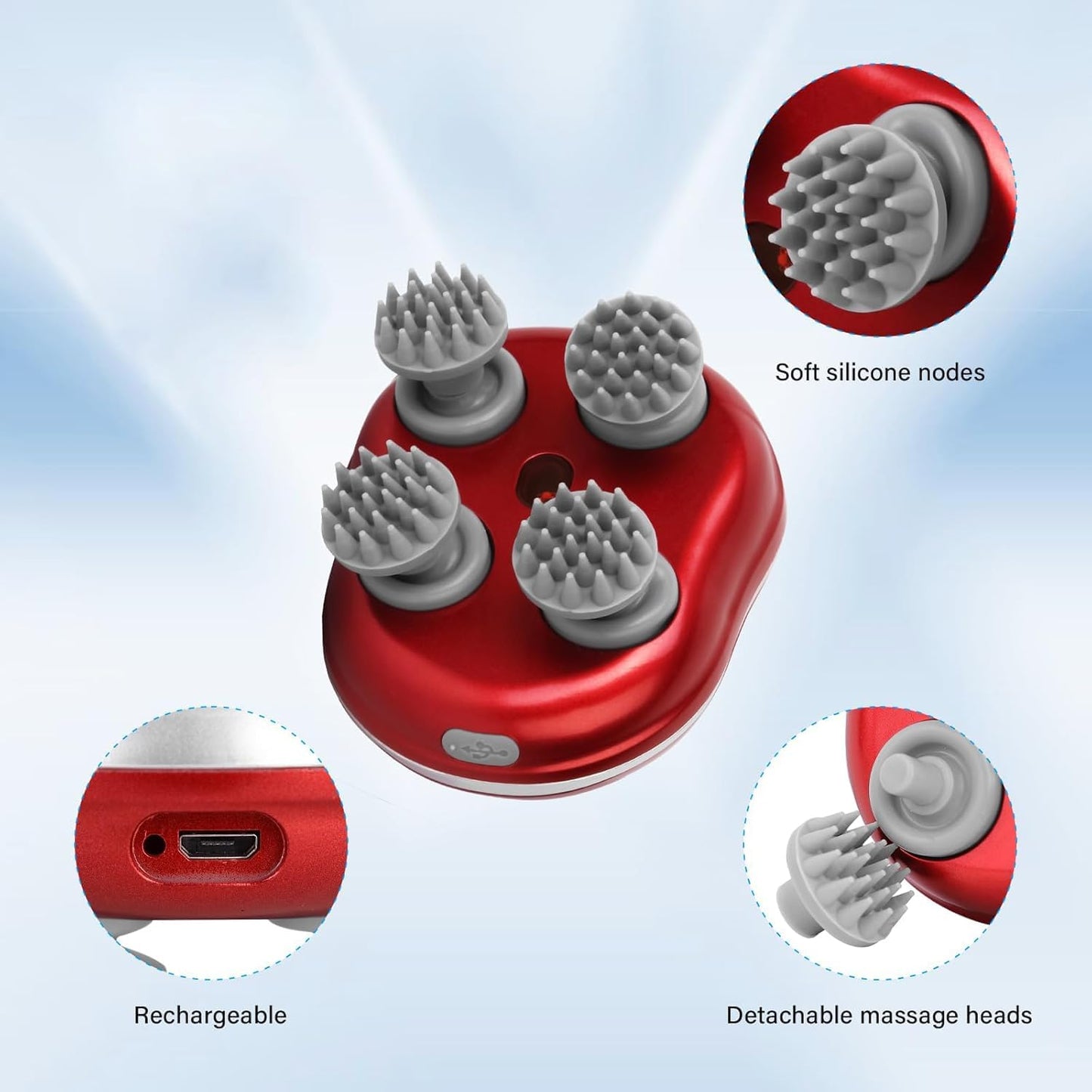 Electric Scalp Massager, Scalp Massager - 96 Silicone Kneading Points with Detachable Heads | Multi-Use Scalp, Body & Head Massager for Hair Growth