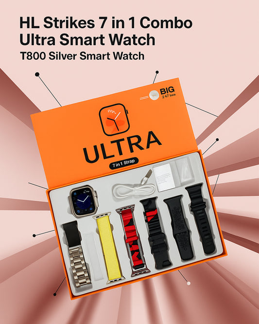 HL STRIKES 7 in 1 combo ultra smart watch T800 silver smart watch